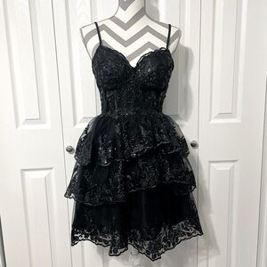 Black Tiered Skirt Sequined Dress